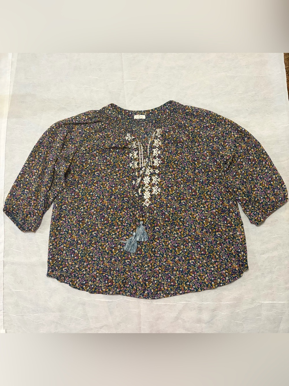 Floral Embroidered Tassel Blouse - Black Floral